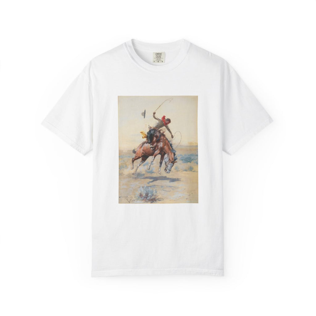 White T-shirt featuring Charles Marion Russell’s The Bucker, showing a cowboy riding a bucking horse in a Western landscape.