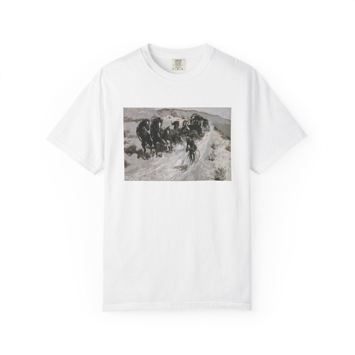 White T‑shirt featuring Frederic Remington’s The Right of the Road, showing a horse-drawn carriage and a cyclist narrowly sharing a mountain road.