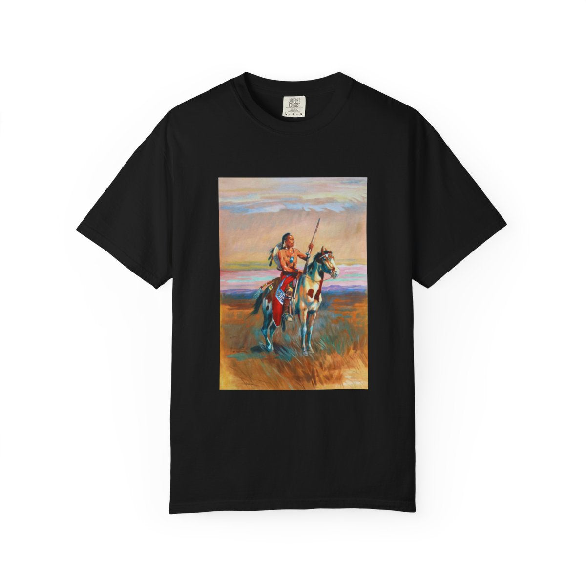 Black T‑shirt featuring Charles Marion Russell’s The Scout, showing a lone Native American scout on horseback looking out over the landscape.